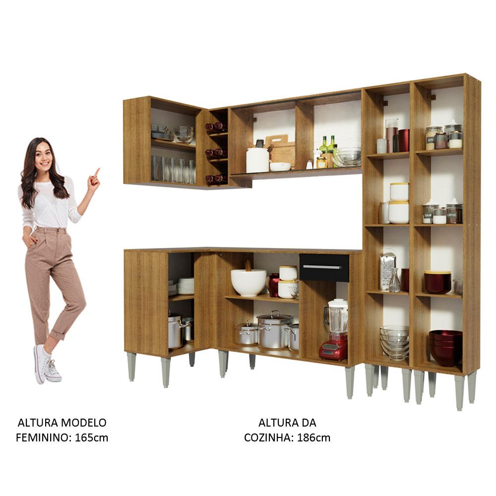 Miniatura Cozinha Completa de Canto Madesa Emilly Self com Balcão, Armário de Vidro e Paneleiro Rustic/Preto