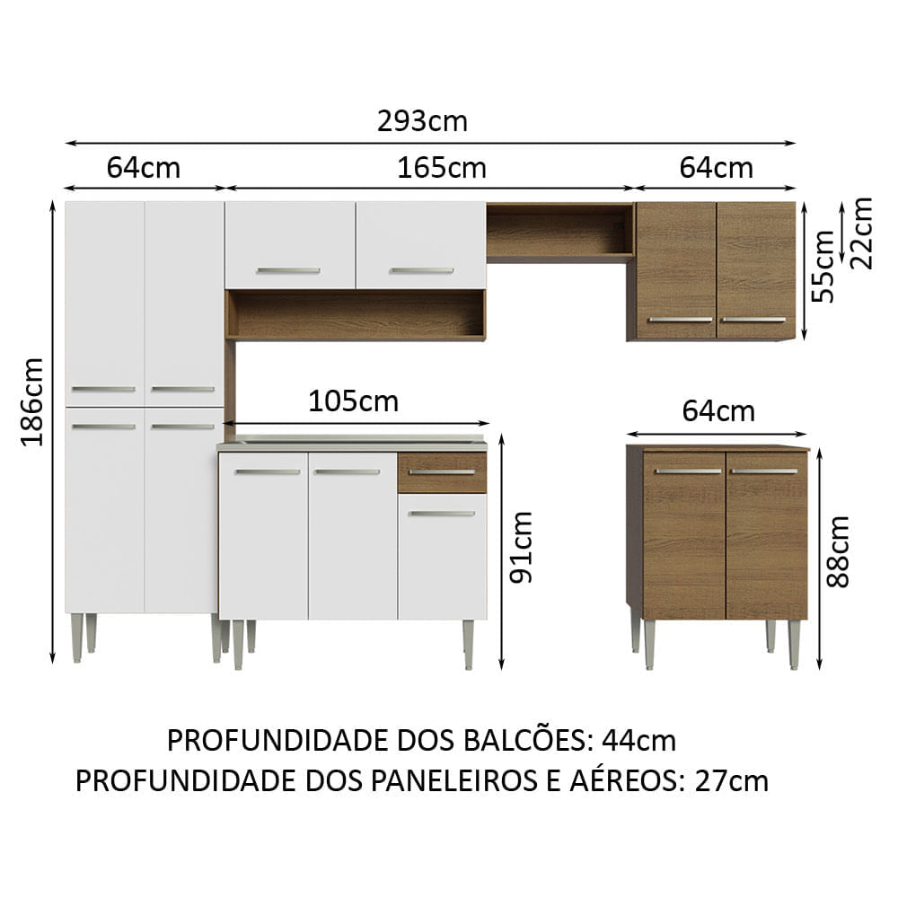 Miniatura Armário de Cozinha Completa 293cm com Pia Rustic/Branco Emilly Madesa 08 Cor:Rustic/Branco