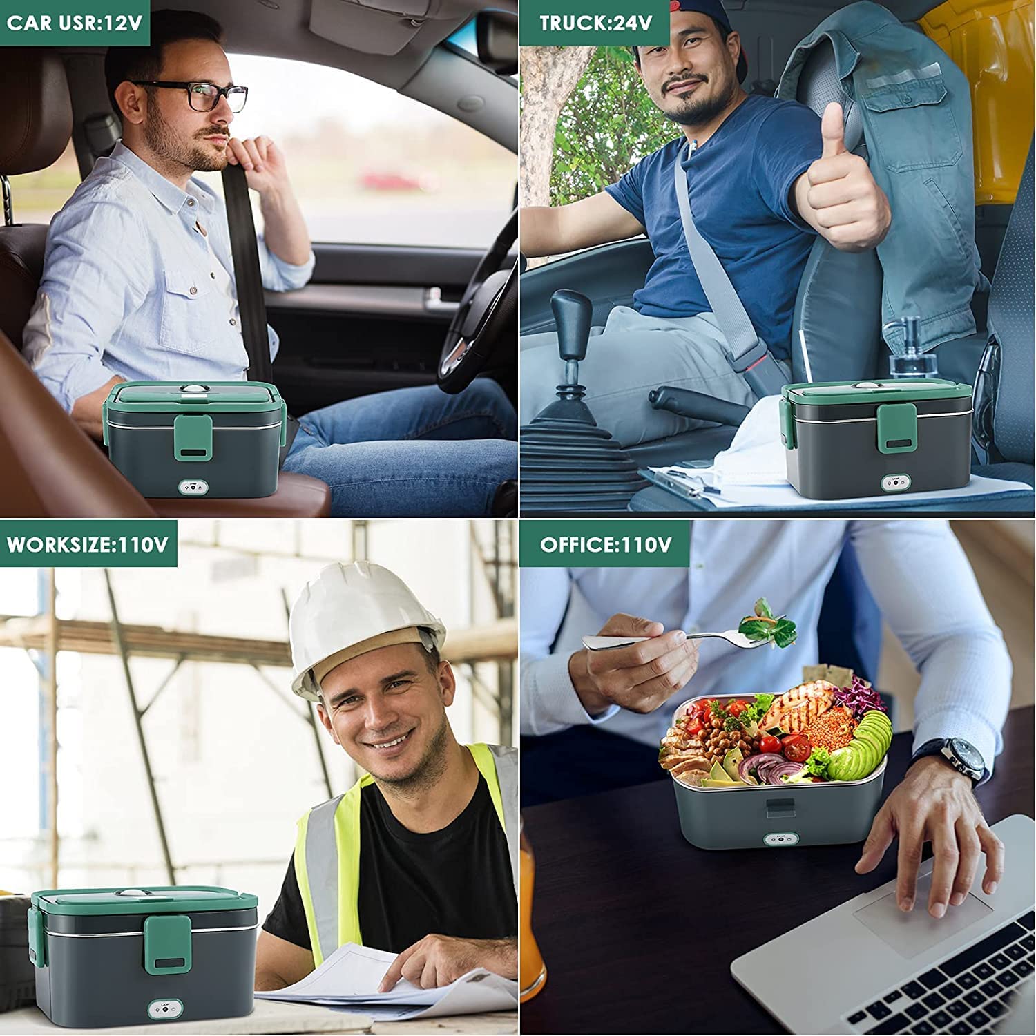 Budth Marmita Elétrica 3 em 1 Portátil 15L com Divisórias 24 12V 110V50W Verde