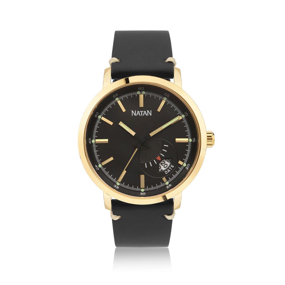 Miniatura Relógio Natan Masculino em Aço Dourado e Couro Legítimo Preto com Vidro de Safira