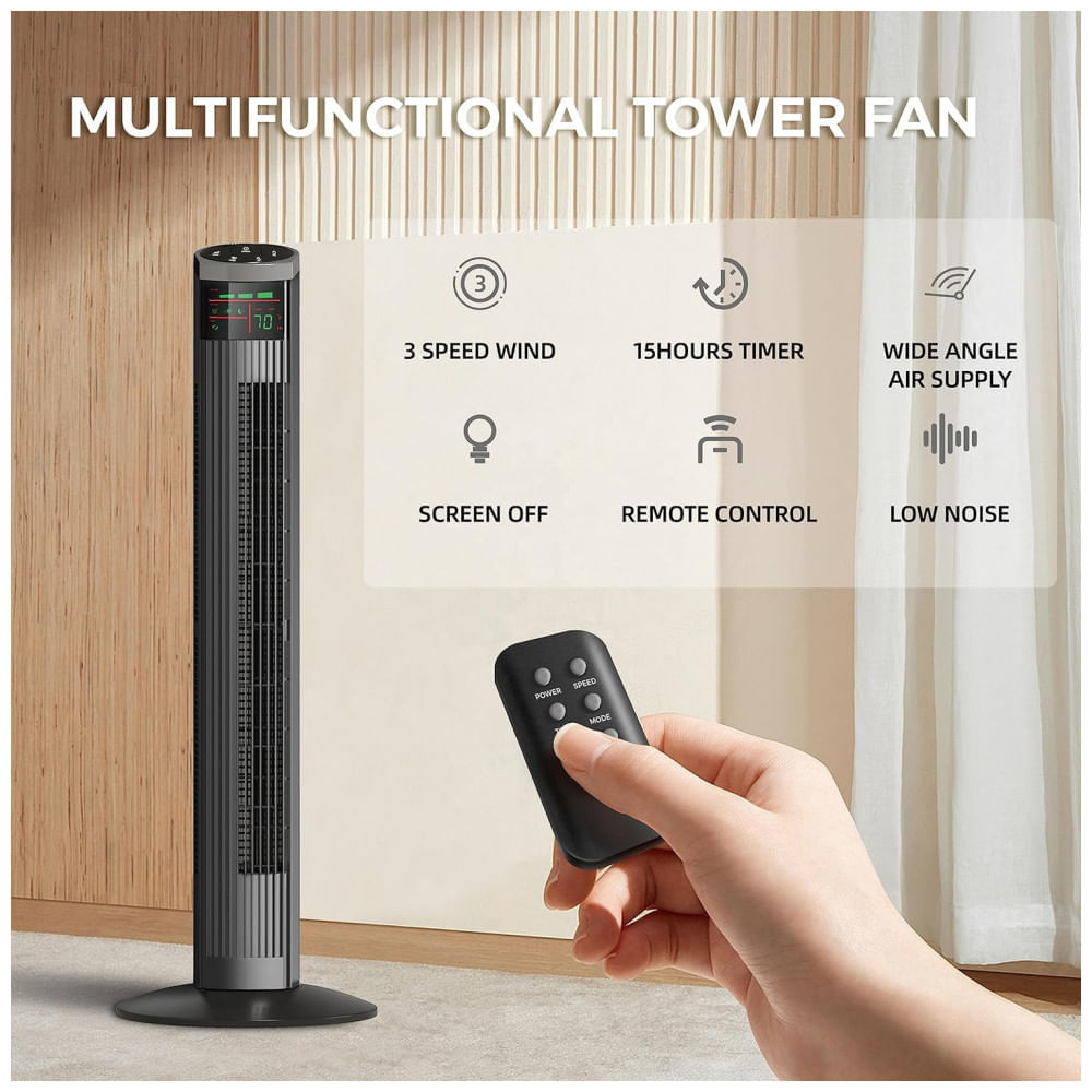 Miniatura Ventilador de Torre com 3 Velocidades, Controle remoto e Silencioso, 110V Simples Deluxe, Preto