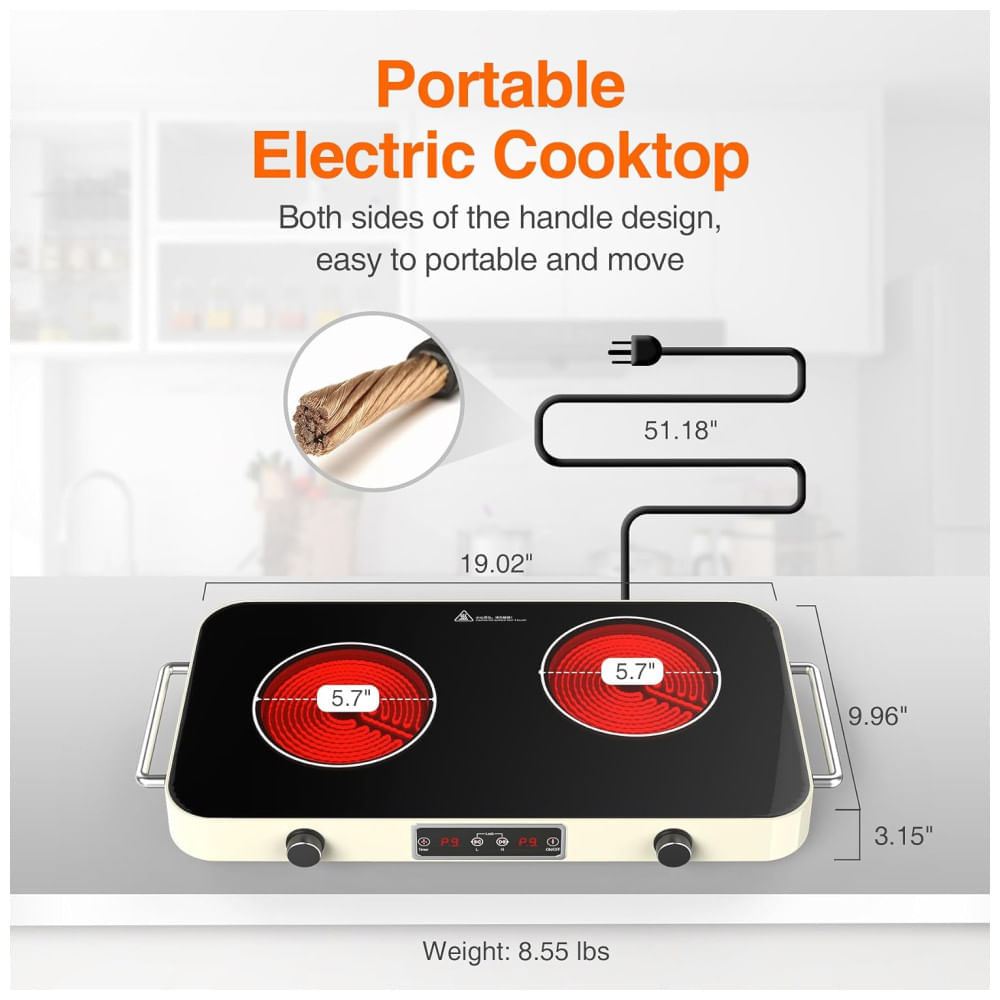 Miniatura Cooktop Elétrico Portátil de Indução com 2 Bocas, 9 Níveis de Potência, Temporizador, 2 Alças, Controle de Botão e Trava de Segurança para Crianças, 110v