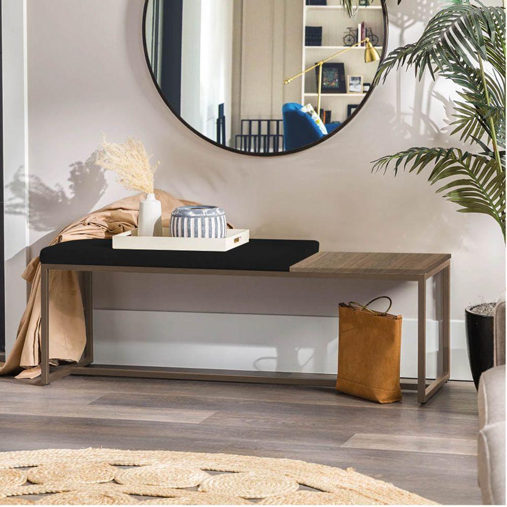 Miniatura Banco Recamier Puff 195cm Industrial Marrom Suede Preto Tampo Quadrado Mdf Castanho