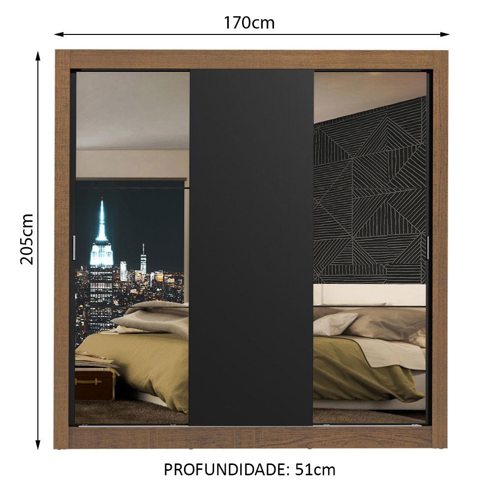 Miniatura Guarda Roupa Casal Madesa Mônaco 3 Portas de Correr com Espelhos Rustic/Preto