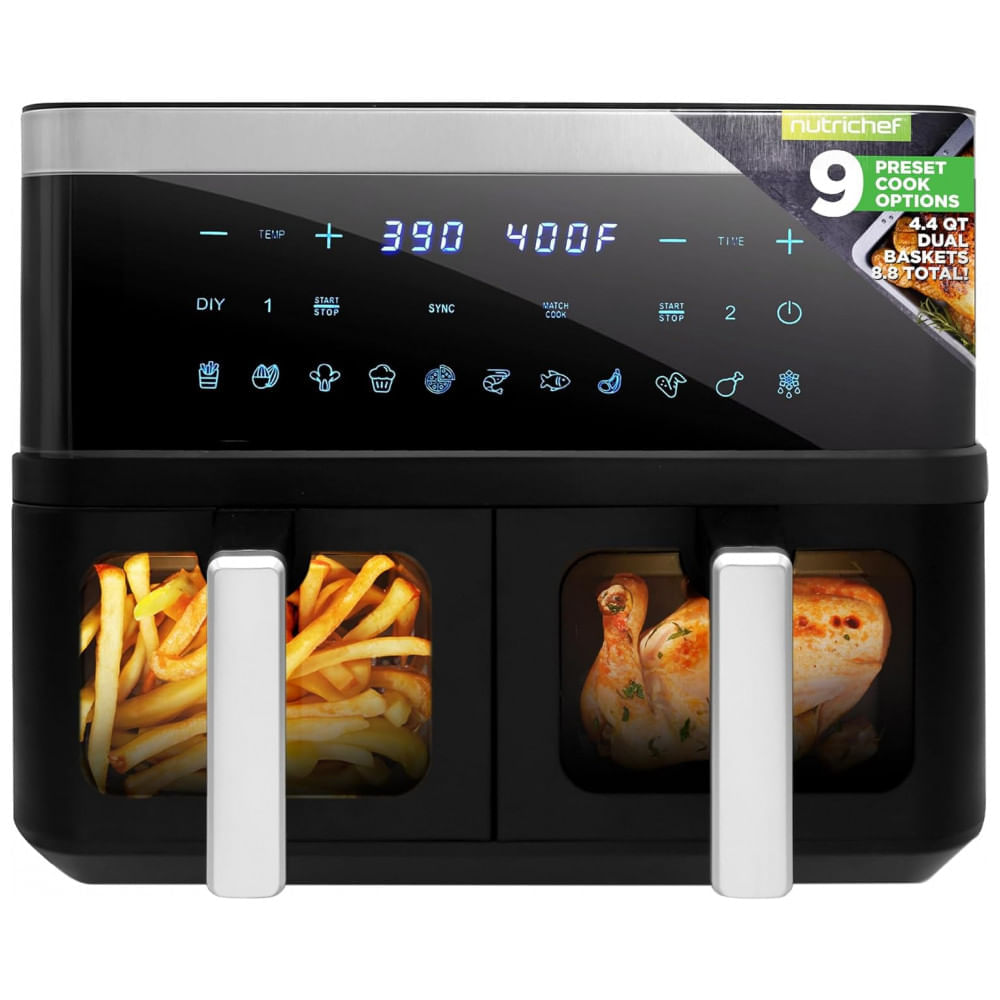 Miniatura Fritadeira Elétrica Air Fryer com Cesta Dupla de 8 Litros e Display Digital Personalizado, 110V 1700W, NutriChef, Preta