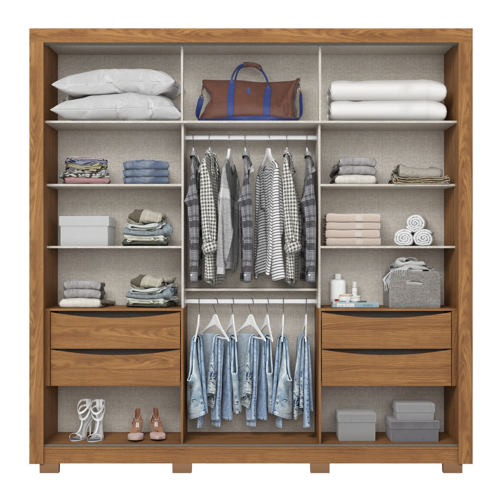 Miniatura Guarda Roupa Casal Vasti 2 Portas Deslizantes com Detalhe Ripado/Soft 4 Gavetas com Usinagem e Pes Inclusos Nature com Off White