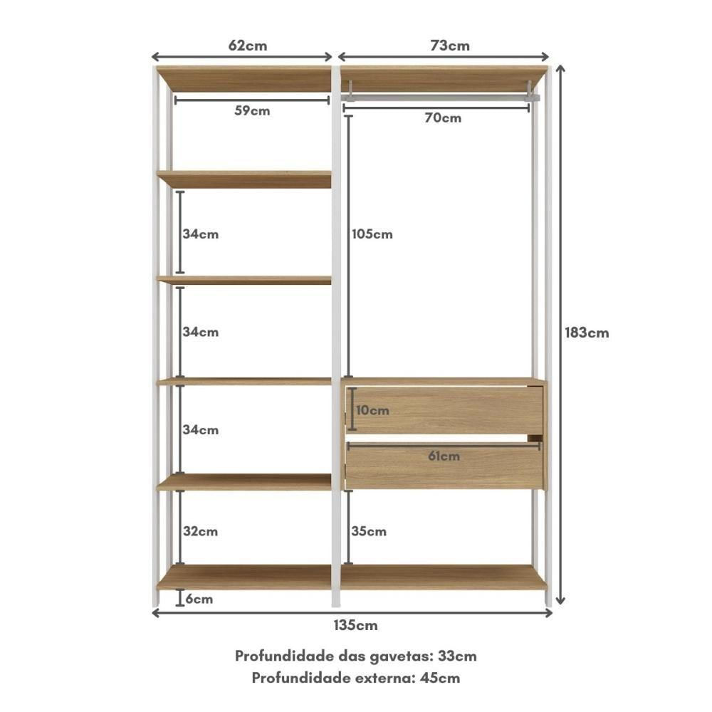 Guarda Roupas Closet Modulado 405cm 6 Peças Com 6 Gavetas E Cabideiros Multimóveis MP4322 Branco Madeirado