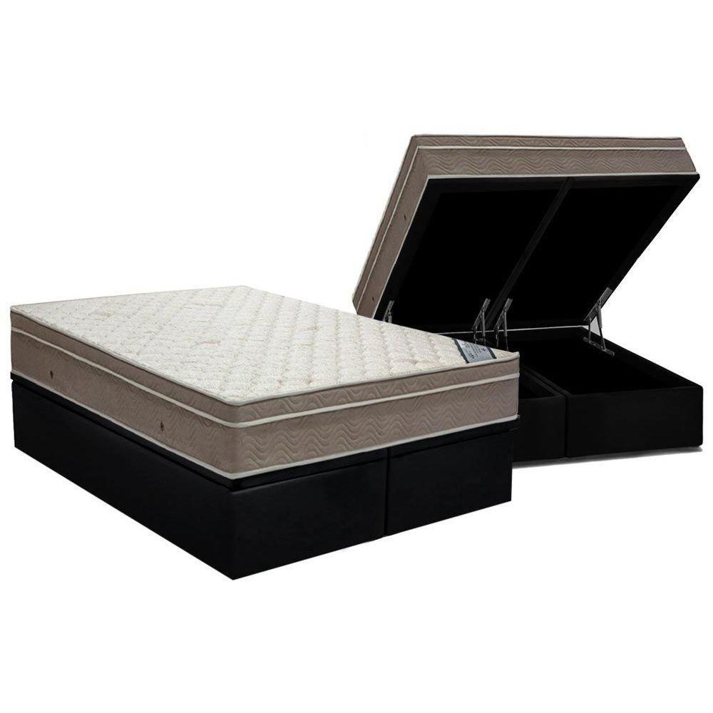 Miniatura Cama Box Baú Queen: Colchão Molas Ortobom Superpocket Light Saúde + Base Crc Suede Black(158X198)