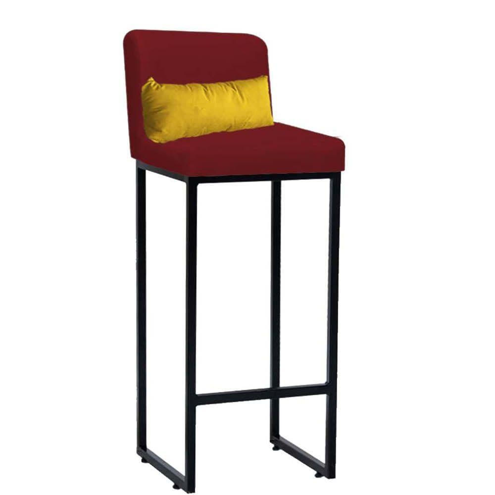 Miniatura Banqueta Alta Com Encosto Industrial Ferro Preto Suede Vermelho E Almofada Amarelo - Amey Decor