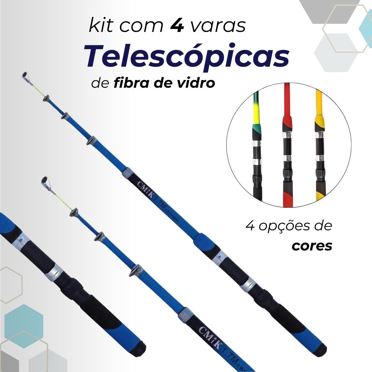 Kit Pesca Completo 4 Varas Telescópica + 4 Molinetes + Iscas