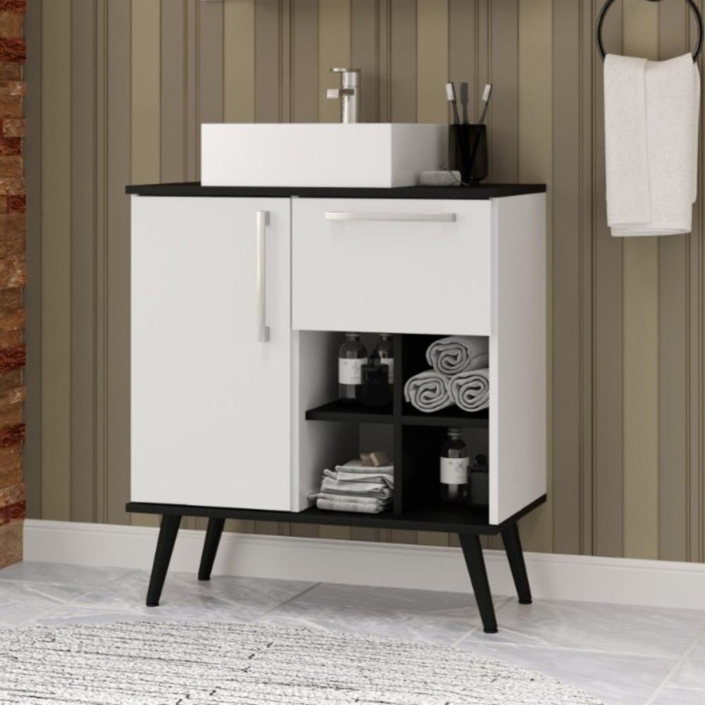 Conjunto de Banheiro Gabinete com Pés com Cuba e Espelheira Veneza Branco/Preto