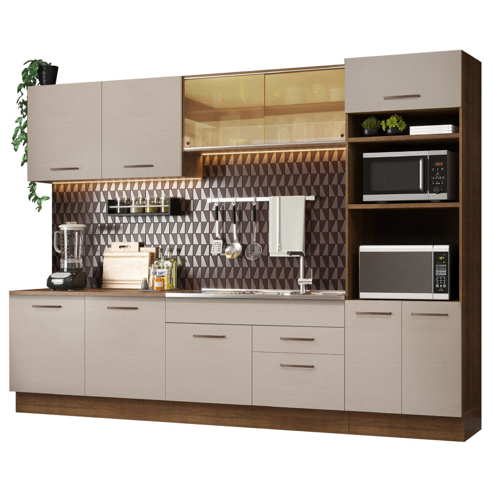 Armário de Cozinha Completa 310 cm Rustic/Crema Agata Madesa 01 Cor:Rustic/Crema