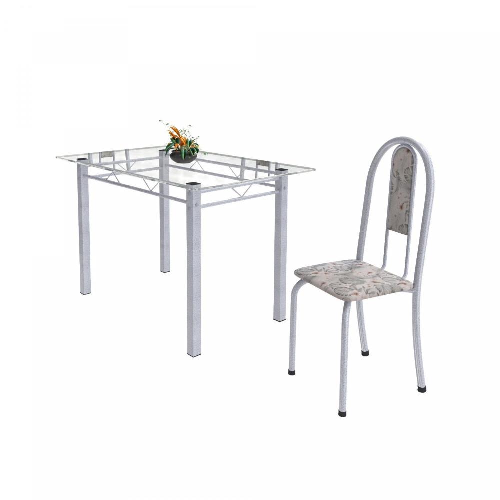 Conjunto Mesa Tubular 120cm Tampo em Vidro com 4 Cadeiras Iris Soma Móveis Botanic Cinza/Pérola