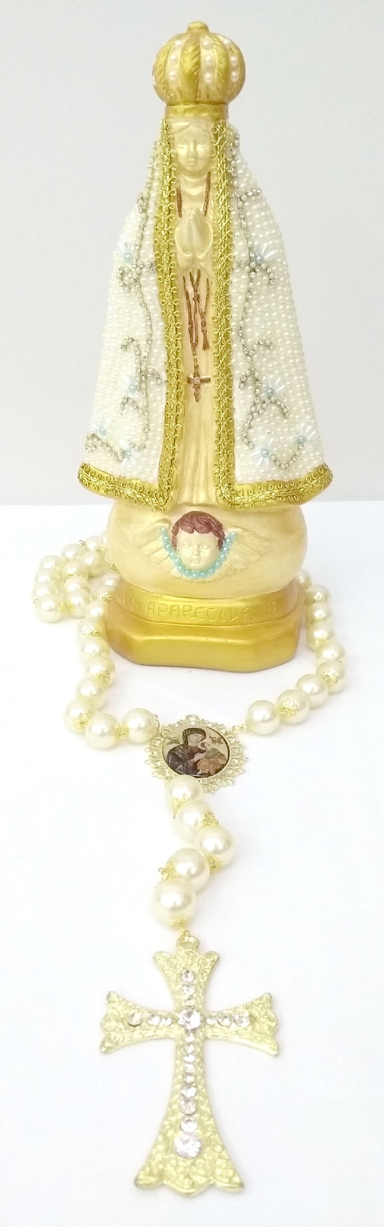 Miniatura Terço Decoração Dourado Pérolas Grande Perpetuo Socorro