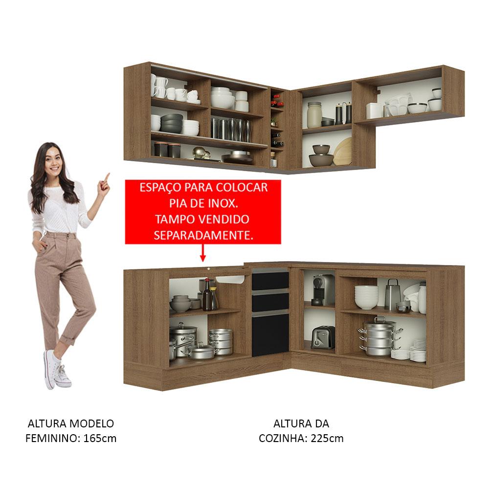 Cozinha Completa de Canto Madesa Glamy 349002 com Armário e Balcão (Sem Tampo e Pia) - Rustic/Preto Rustic/Preto