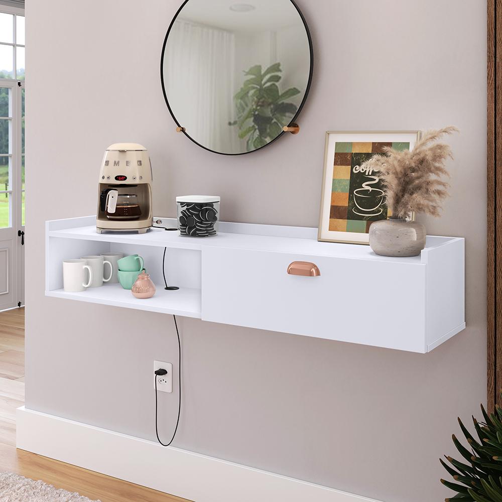 Aparador Suspenso Pequeno Cantinho Café 1 Porta Nicho Decor Sala Cozinha Hall Entrada Retrô - Branco - RPM