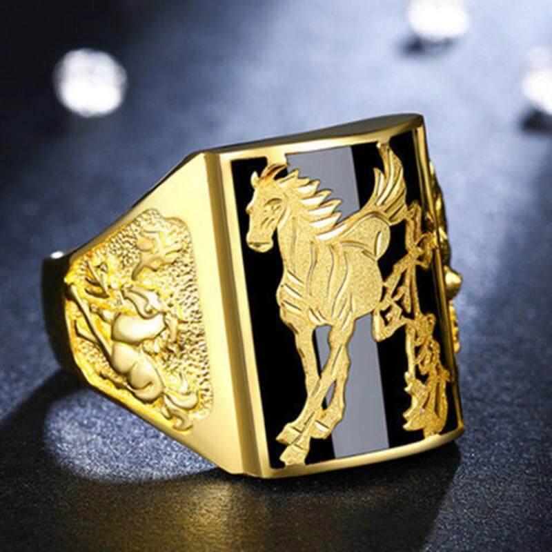 Miniatura Anel Grande Masculino Cavalo Preto Banhado A Ouro Ajustável