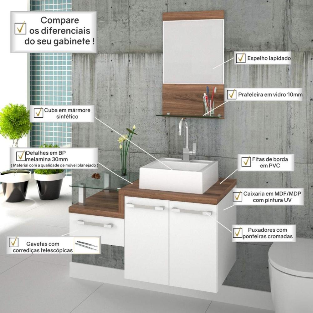 Miniatura Gabinete para Banheiro 2 Portas 1 Gaveta com Cuba Q35 e Espelheira Legno 831W Espresso Móveis Branco/Nogal