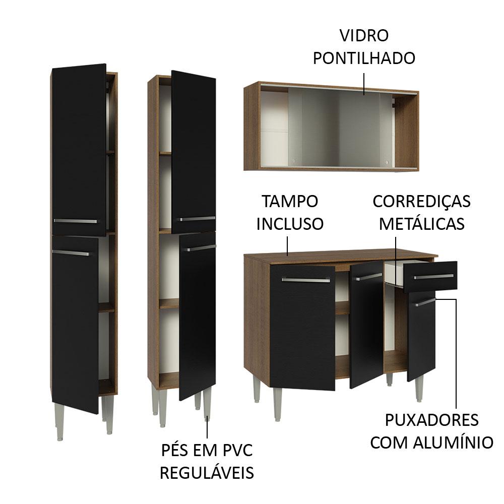 Armário de Cozinha Compacta 169cm Rustic/Preto Emilly Madesa 10 Rustic/Preto
