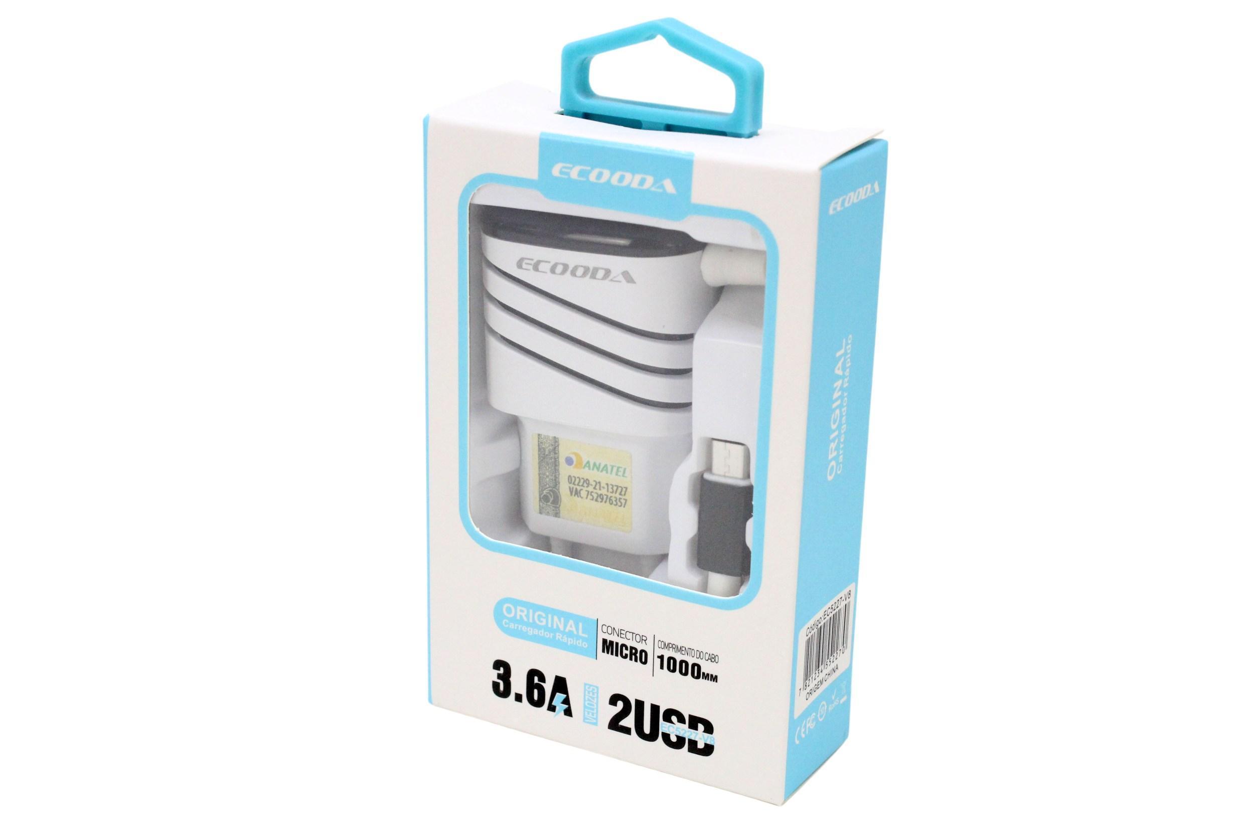 Miniatura Carregador Ecooda Duas Entradas Usb E Cabo Micro Usb 3.6A