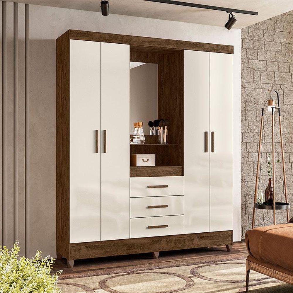 Miniatura Guarda Roupa Casal Capelinha Capri 4 Portas Castanho Wood Off White Com Espelho - Moval
