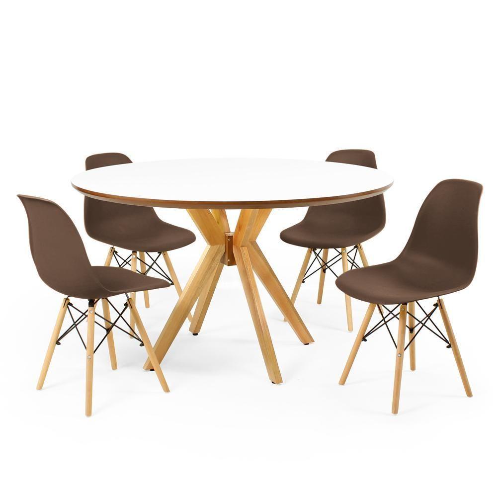 Miniatura Conjunto Mesa De Jantar Redonda Marci Premium Branca 120cm Com 4 Cadeiras Eames Eiffel - Marrom