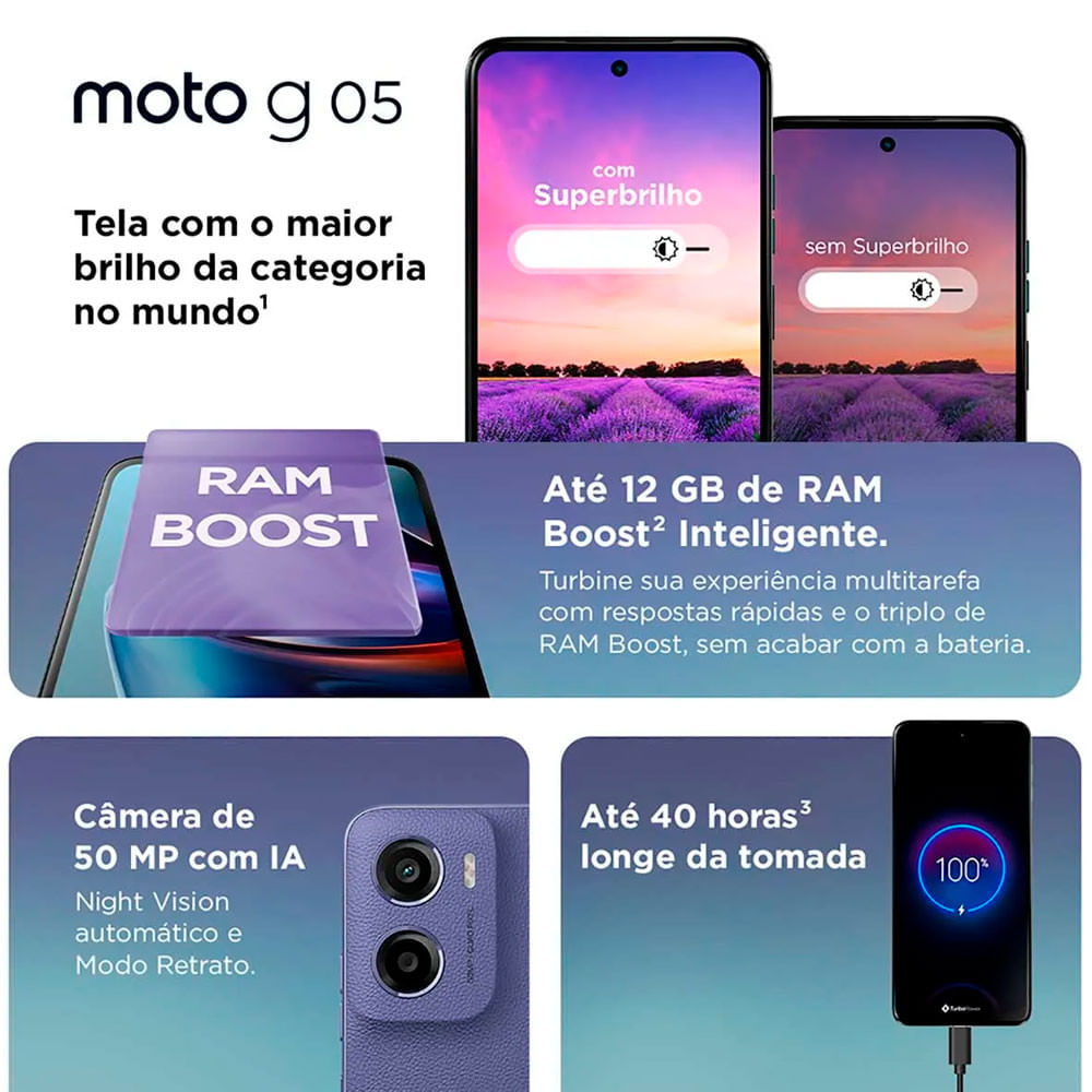 Miniatura Smartphone Motorola Moto G05 128GB 12GB (4GB RAM + 8GB Ram Boost) Camera 50MP AI Bateria 5200 mAh Tela 6.7 Cinza