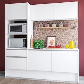 Miniatura Cozinha Compacta Politorno Mov Evora MDP com 6 portas, 1 Gaveta e 1 Prateleira - 182cm de largura Branco
