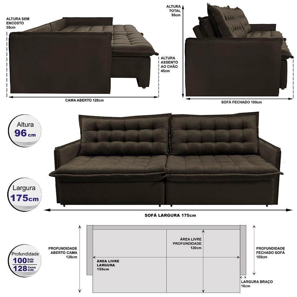 Sofá Sem Caixa Retrátil E Reclinável 1,75m Cama Inbox Versátil Suede Velusoft Café