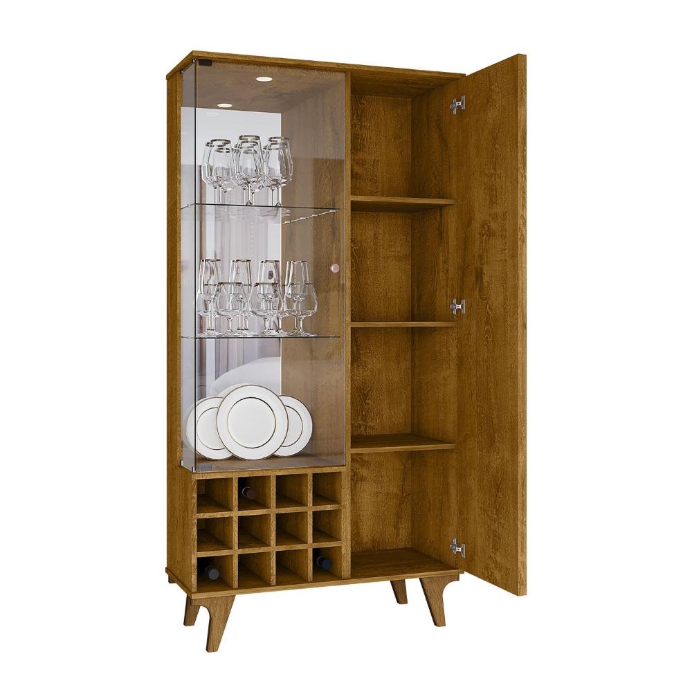 Cristaleira Elba Ripado Real Portas de Vidro Pés de Madeira Maciça 12 Nichos Garrafeiros Naturalle