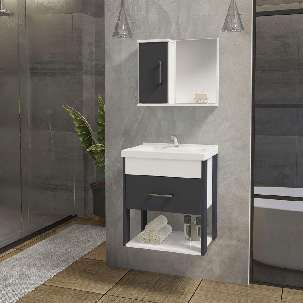 Miniatura Conjunto Gabinete Inferior E Superior Banheiro 1 Porta 1 Gaveta Rubi - Cinza Titanium - Cinza