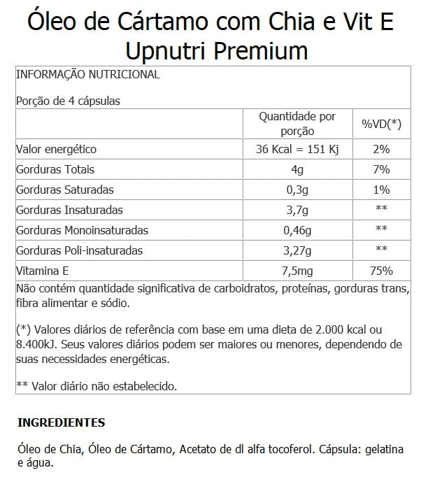 Miniatura Óleo de Cártamo com Chia e Vit E 3X 60 Cápsulas Upnutri