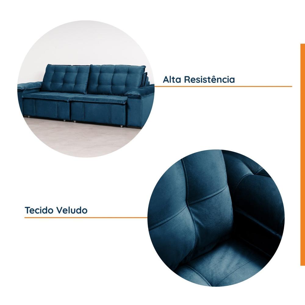 Sofá Cama Palmeira 3 Lugares Retrátil Reclinável 2,20m Veludo com Molas CabeCasa MadeiraMadeira Azul