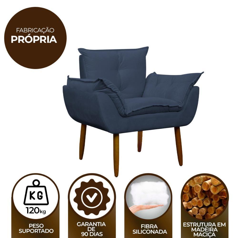 Kit Poltrona Recepção Pés Madeira Opala Azul Marinho