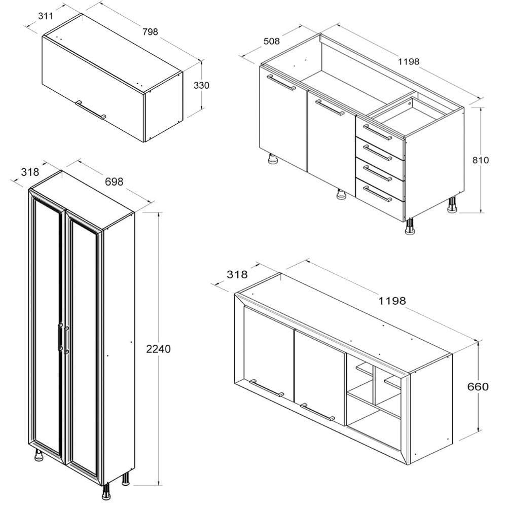 Miniatura Armario Cozinha Completo Ditália Aspen 4 Pçs Carvalho/br A48