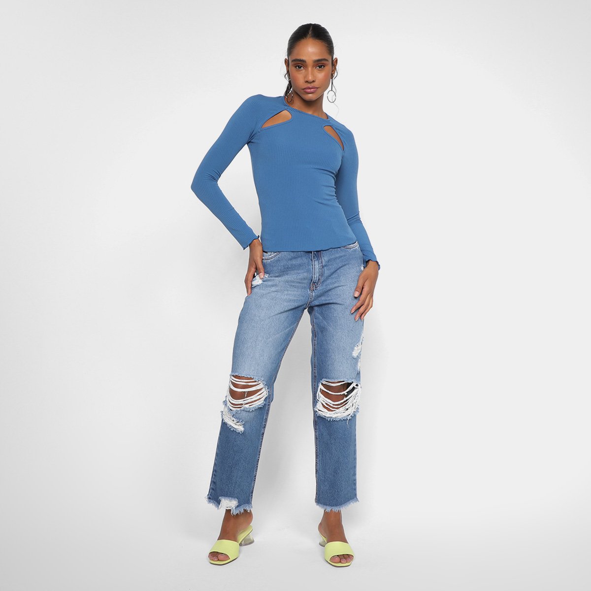 Miniatura Blusa Lança Perfume Canelada Recortes Feminina Azul - G