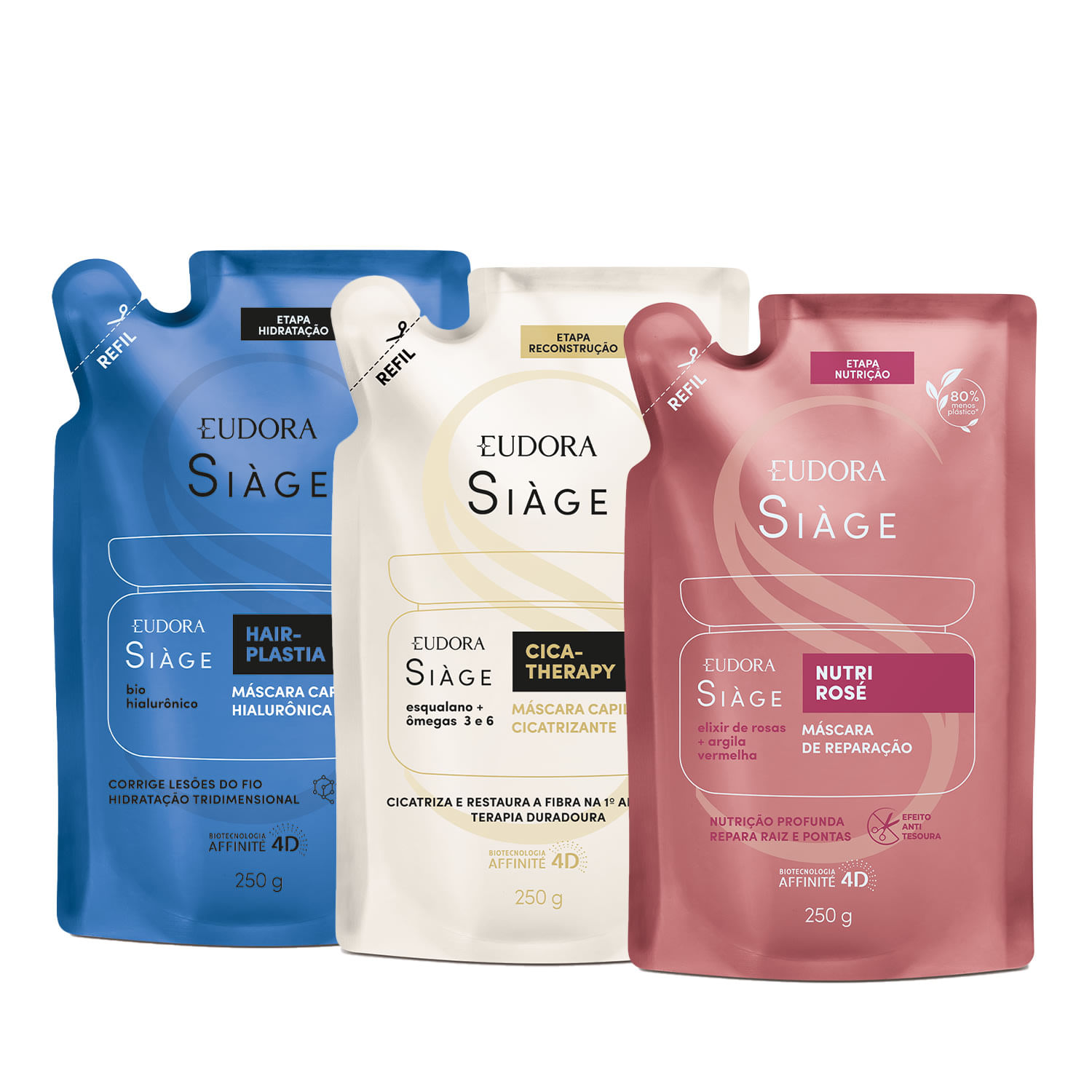 Miniatura Combo Siàge Cronograma Capilar Máscaras Refil: Hair-Plastia 250g + Nutri Rosé 250g + Cica-Therapy 250g
