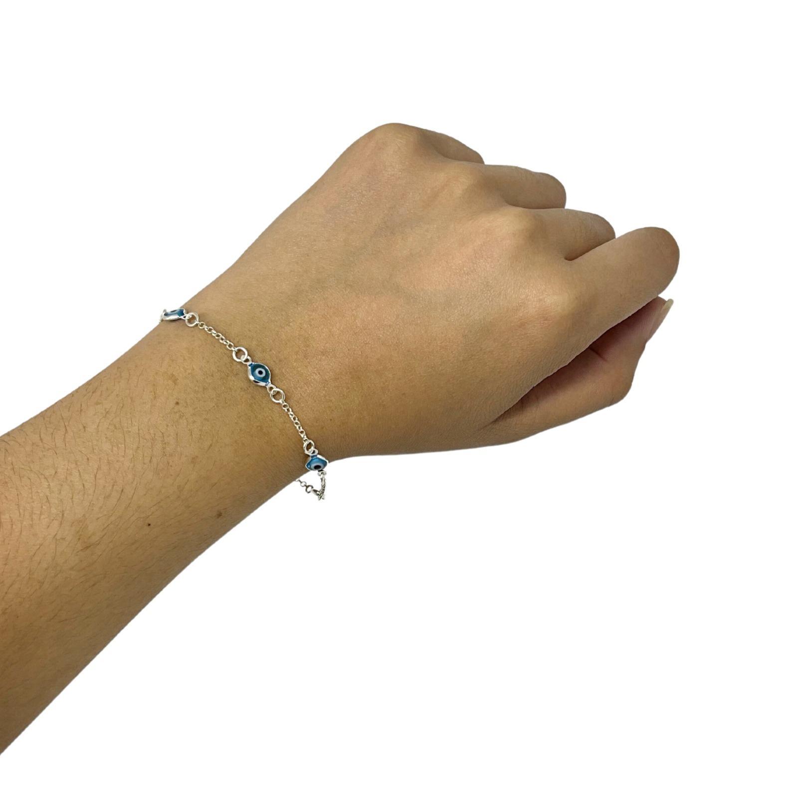 Miniatura Pulseira Proteção Olho Grego Feminina Prata Italiana 925