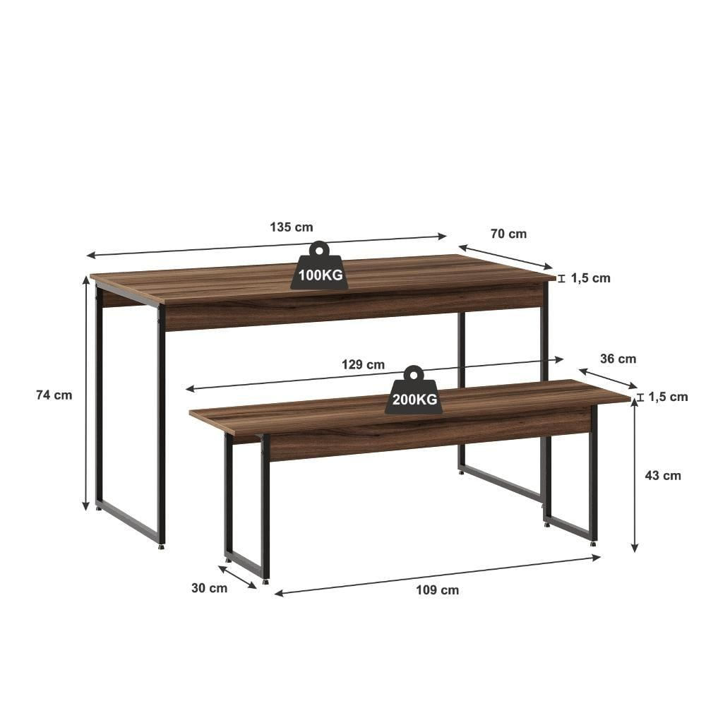 Miniatura Mesa De Jantar Com 2 Bancos Estilo Industrial Tub Nogal / Est.preta