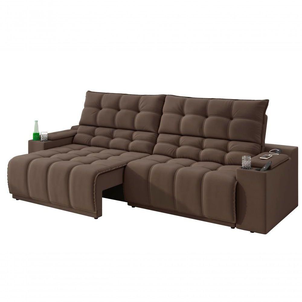Miniatura Sofá Connect Premium 2,30m Assento Retrátil-reclinável Com Porta Copos E Entrada Usb Suede Marrom