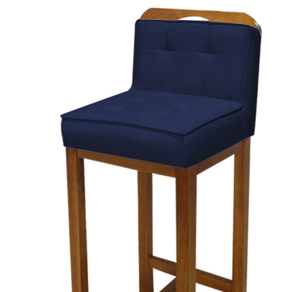 Miniatura Banqueta Alta Com Encosto Agnes Cozinha Balcão Bistrô Base Madeira Rústico Suede Azul Marinho