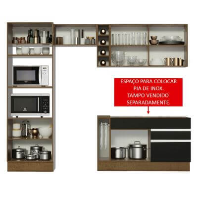 Cozinha Completa Madesa Jade com Armário e Balcão (Sem Tampo e Pia) Rustic/Preto/Rustic Cor:Rustic/Preto/Rustic