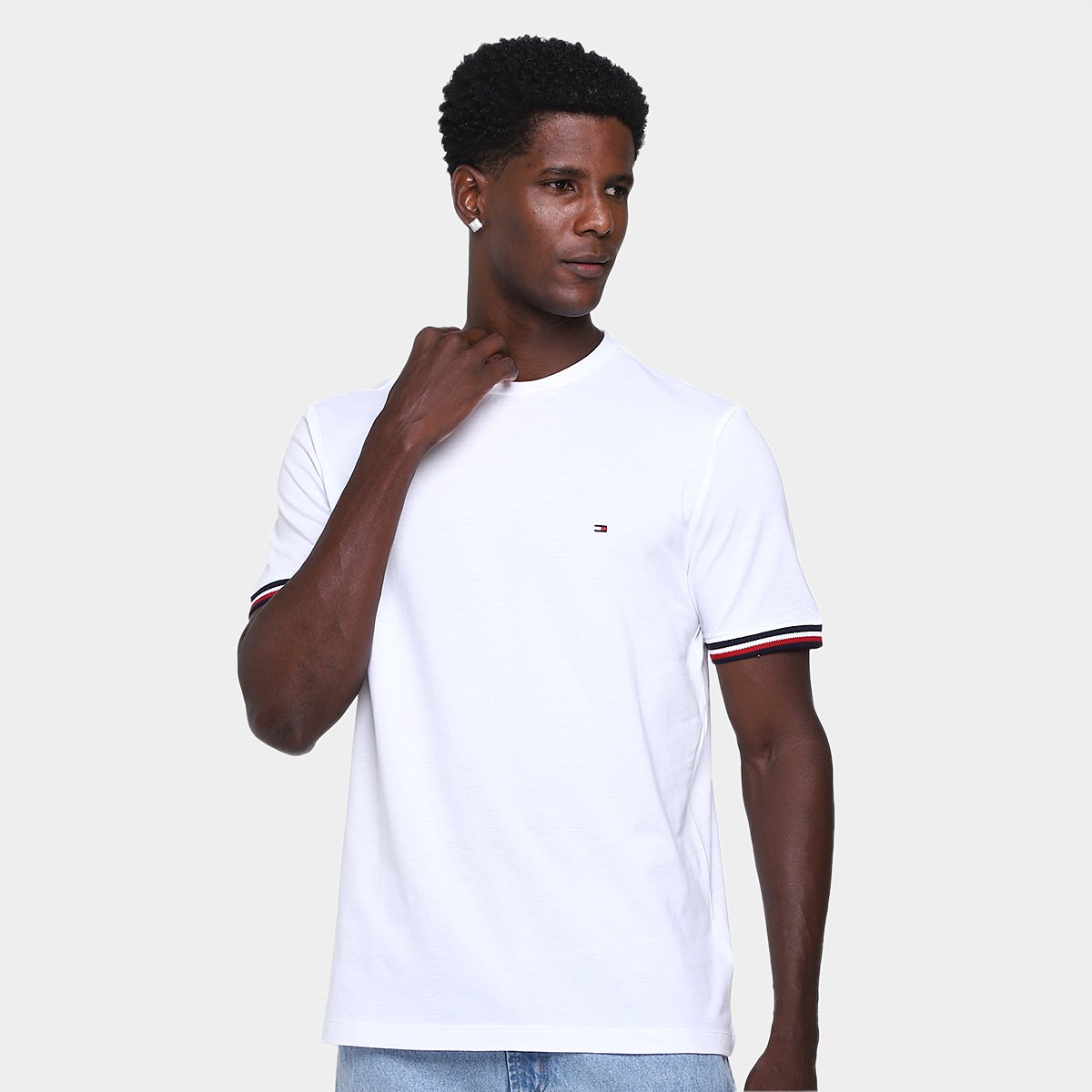 Miniatura Camiseta Tommy Hilfiger Global Stripe Cuff Masculina Branco - G