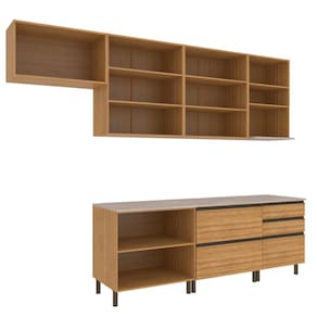 Miniatura Cozinha Completa Bartira Cristal 300cm com 8 Portas 5 Gavetas e Nicho Micro-ondas Lâmina Mel e Nude