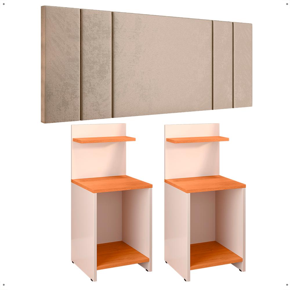 Miniatura Kit Quarto 2 Mesinhas Lateral Fantasy Off White/Cinamomo Prateleira Nicho Cabeceira Luana Suspensa Cama Box Casal 1,40 Areia Suede - Lojas RPM