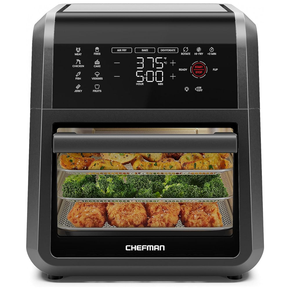 Miniatura Forno Fritadeira AirFryer 6 em 1 com 12 Predefinições, Rotisserie e Desidratador, 110V 1700W, Chefman, Preto