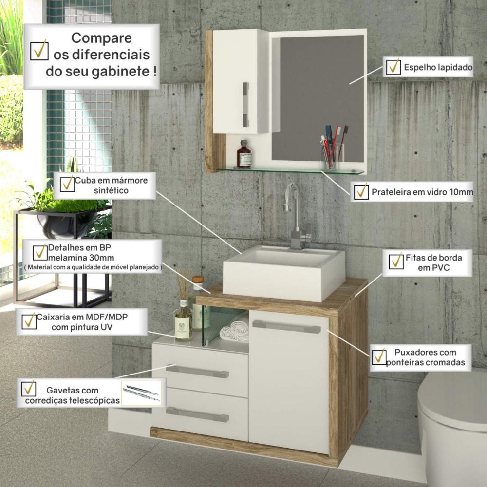 Miniatura Gabinete para Banheiro 1 Porta 2 Gavetas com Cuba Q35 e Espelheira Legno 650W Espresso Móveis Branco/Carvalho