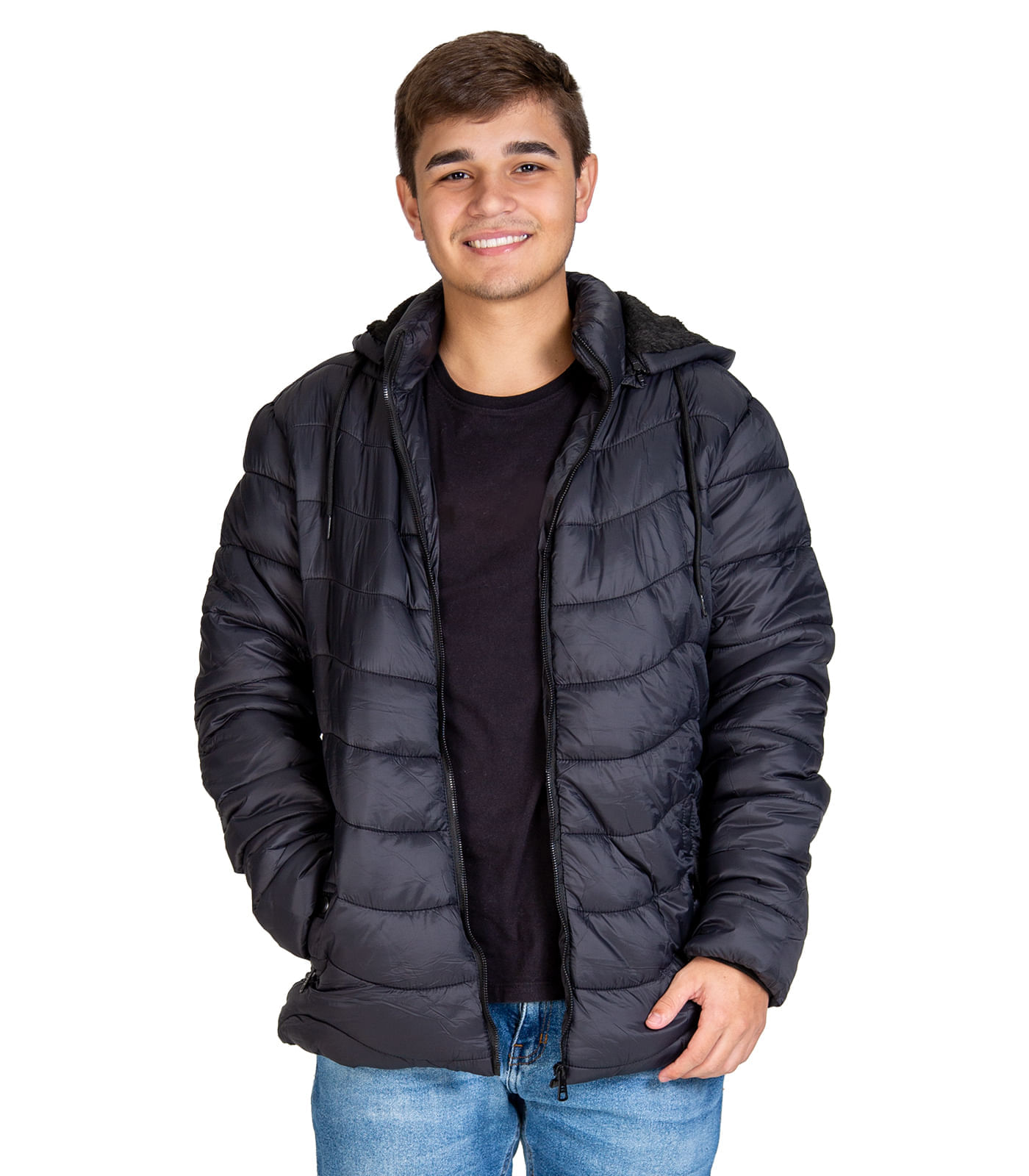 Miniatura Jaqueta Puffer Masculina Com Capuz Sea Surf Preto G