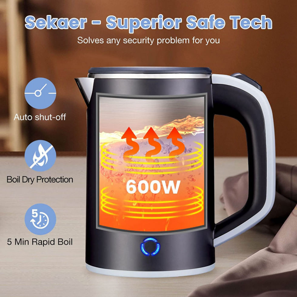 Miniatura Mini Chaleira Elétrica Sekaer 800mL em Aço Inoxidável com Desligamento Automático e Indicador de LED, 110V, Preta