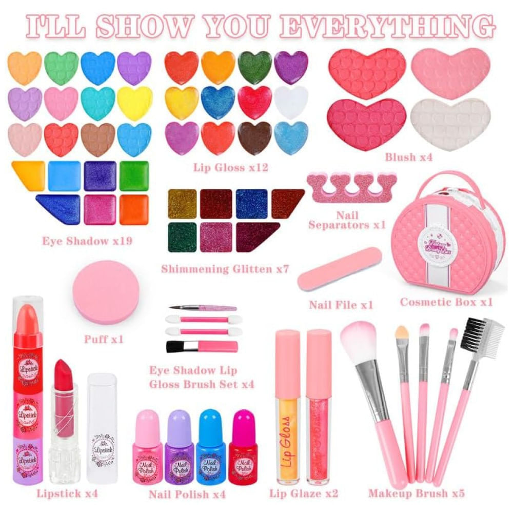 Miniatura Kit de Maquiagem Infantil com 66 Peças para Crianças de 3 a 10 Anos, MINIFUN, Rosa e Branco 110v